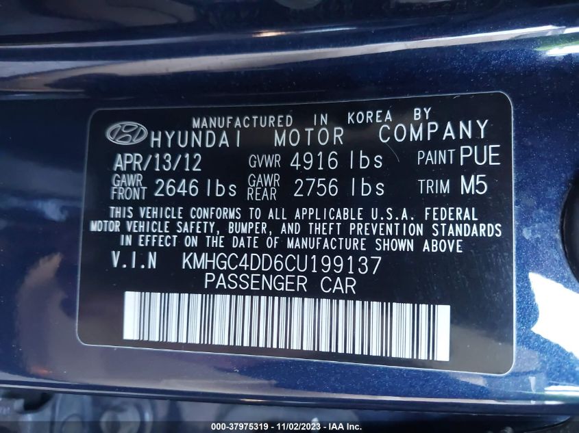 2012 Hyundai Genesis 3.8L VIN: KMHGC4DD6CU199137 Lot: 37975319