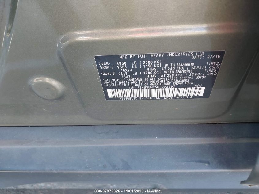 2017 Subaru Outback 3.6R Limited VIN: 4S4BSENC5H3223997 Lot: 37975326