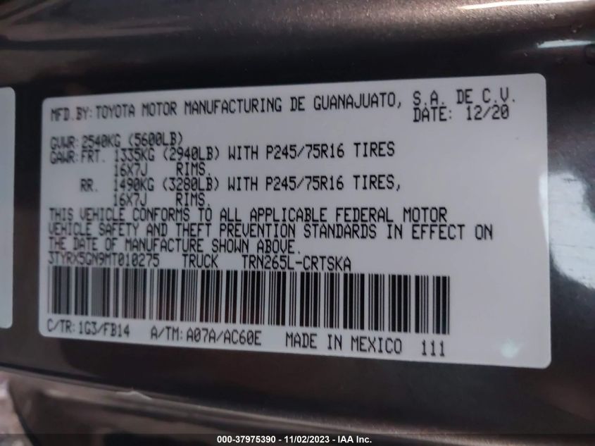 2021 Toyota Tacoma Sr VIN: 3TYRX5GN9MT010275 Lot: 37975390