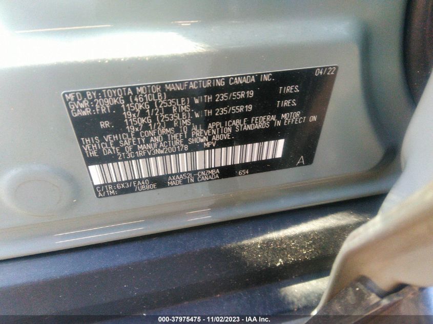 2022 Toyota Rav4 Xle Premium VIN: 2T3C1RFV3NW200178 Lot: 37975475