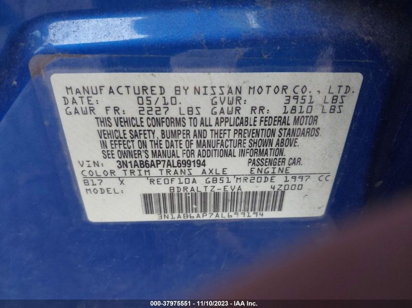 2010 Nissan Sentra 2.0Sr VIN: 3N1AB6AP7AL699194 Lot: 37975551