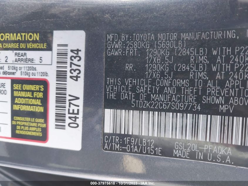 2007 Toyota Sienna Xle Limited VIN: 5TDZK22C67S097734 Lot: 37975618