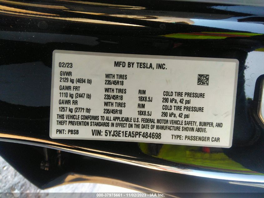 2023 Tesla Model 3 VIN: 5YJ3E1EA5PF484698 Lot: 37975661