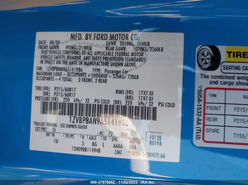 2010 Ford Mustang V6/V6 Premium VIN: 1ZVBP8AN9A5141986 Lot: 37976082