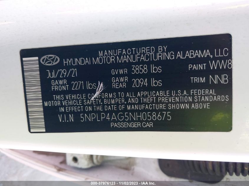 2022 Hyundai Elantra Limited VIN: 5NPLP4AG5NH058675 Lot: 37976123