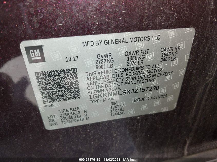 2018 GMC Acadia Slt VIN: 1GKKNMLSXJZ157230 Lot: 37976183