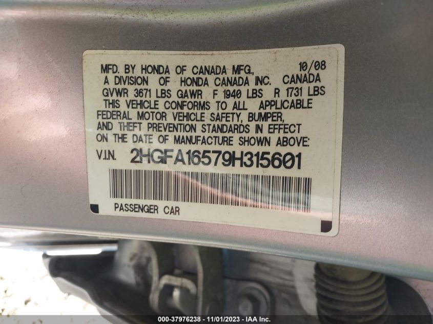 2009 Honda Civic Sdn Lx VIN: 2HGFA16579H315601 Lot: 37976238