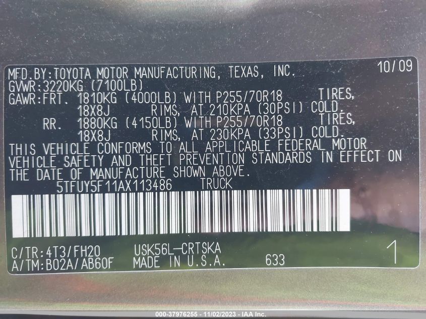 2010 Toyota Tundra Grade 5.7L V8 VIN: 5TFUY5F11AX113486 Lot: 37976255