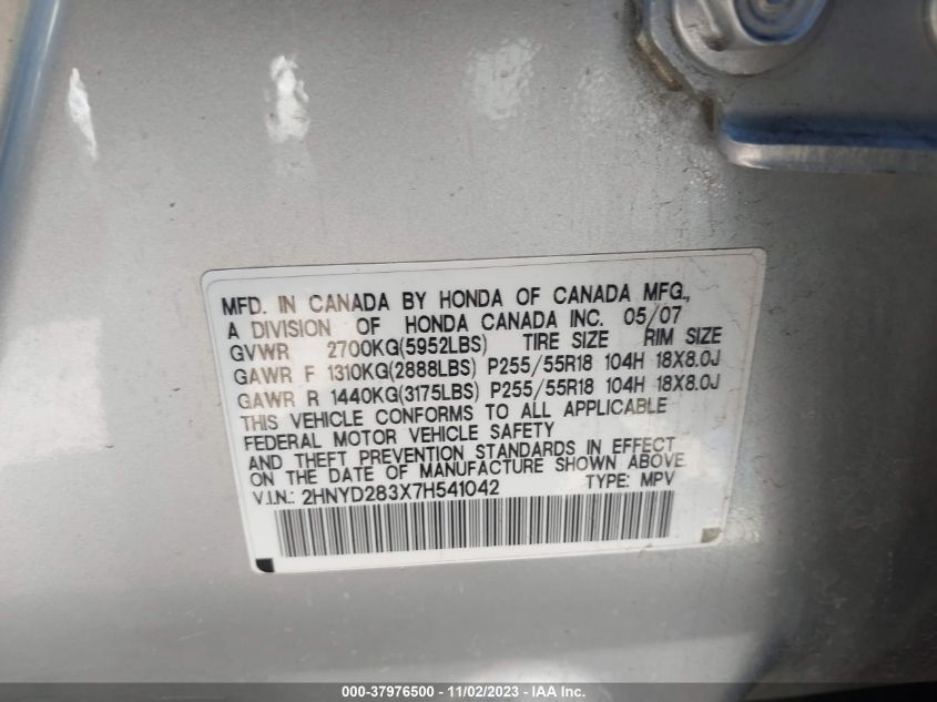 2007 Acura Mdx Tech Pkg VIN: 2HNYD283X7H541042 Lot: 37976500
