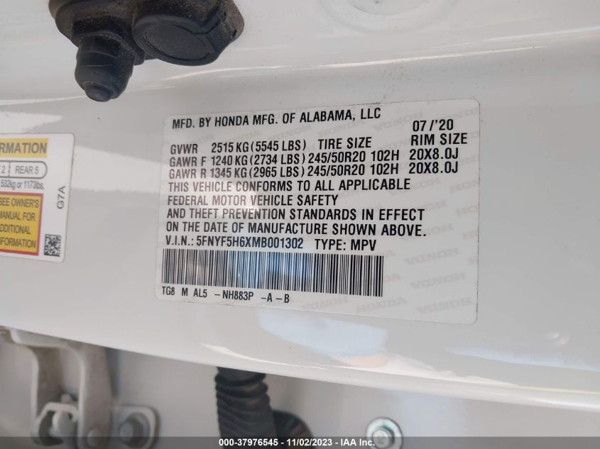 2021 Honda Pilot 2Wd Touring 7 Passenger VIN: 5FNYF5H6XMB001302 Lot: 37976545