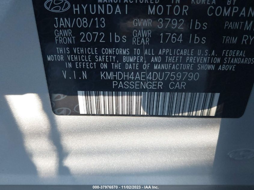 2013 Hyundai Elantra Limited (Ulsan Plant) VIN: KMHDH4AE4DU759790 Lot: 37976570