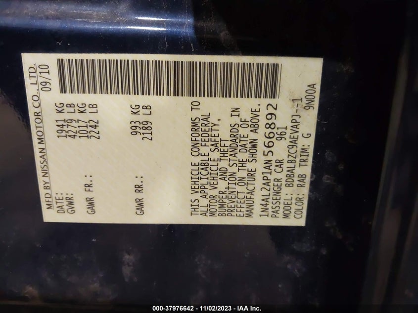 2010 Nissan Altima 2.5 S VIN: 1N4AL2AP1AN566892 Lot: 37976642