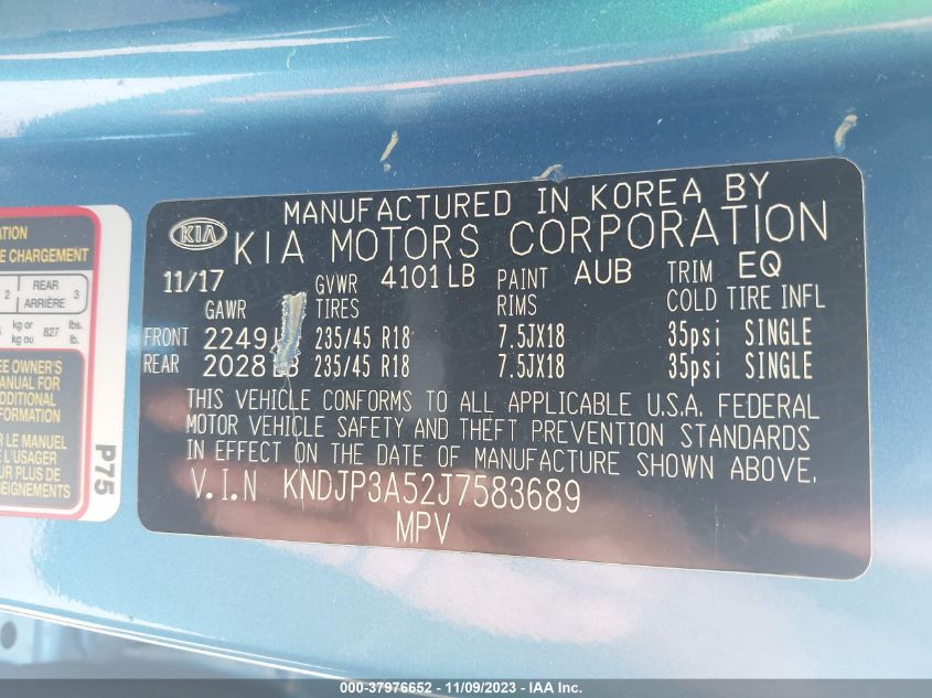 2018 Kia Soul + VIN: KNDJP3A52J7583689 Lot: 37976652