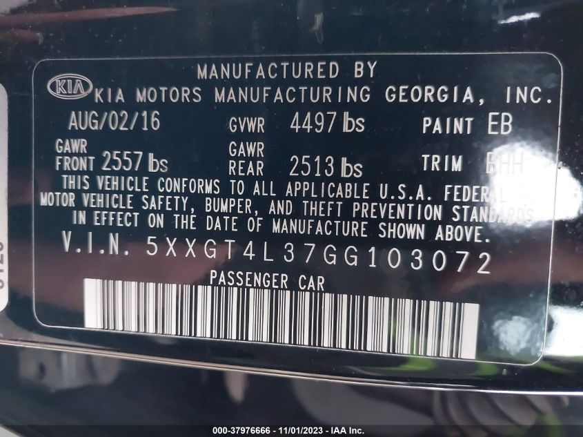 2016 Kia Optima Lx VIN: 5XXGT4L37GG103072 Lot: 37976666