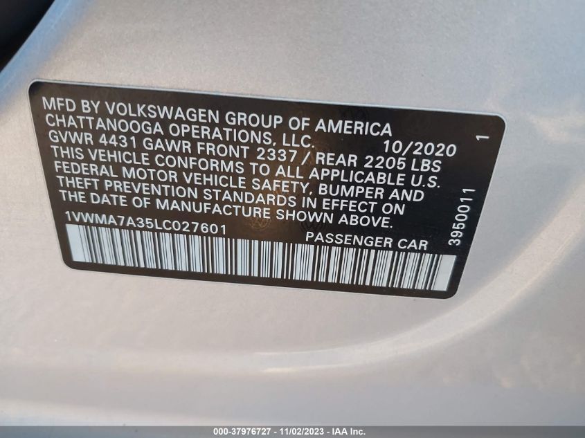 2020 Volkswagen Passat 2.0T R-Line VIN: 1VWMA7A35LC027601 Lot: 37976727