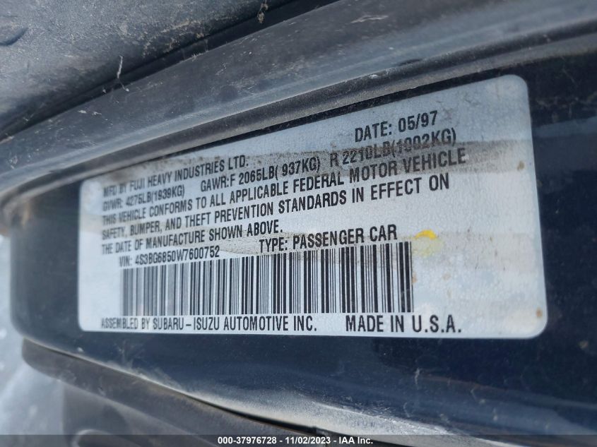 1998 Subaru Legacy Outback VIN: 4S3BG6850W7600752 Lot: 37976728