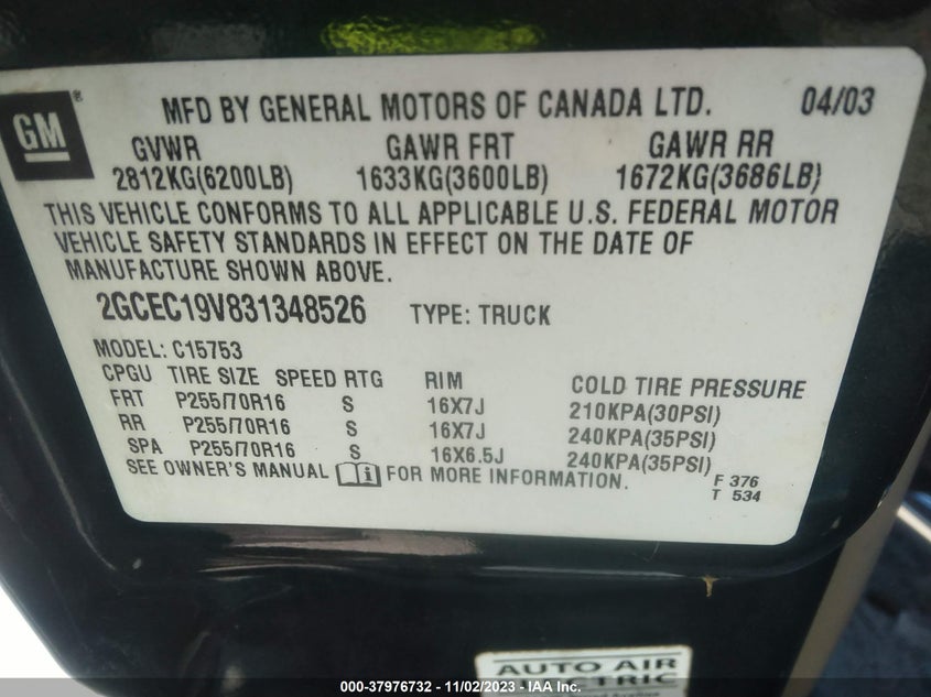 2003 Chevrolet Silverado 1500 Ls VIN: 2GCEC19V831348526 Lot: 37976732