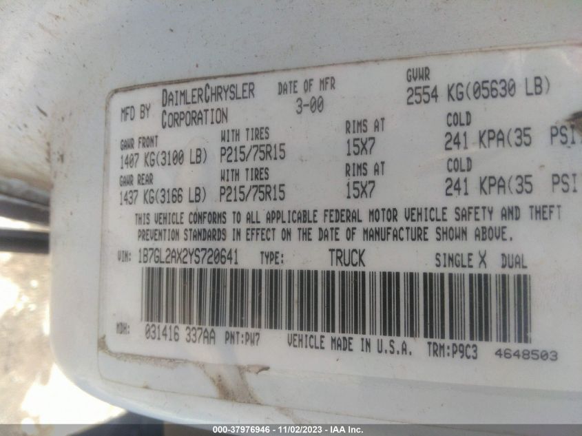 2000 Dodge Dakota Slt/Sport VIN: 1B7GL2AX2YS720641 Lot: 37976946