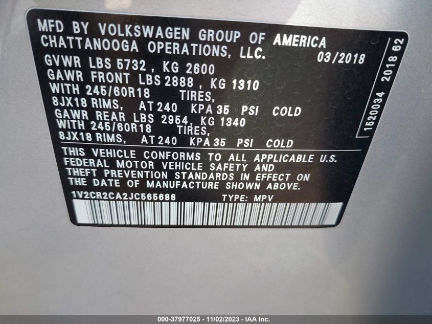 2018 Volkswagen Atlas 3.6L V6 Se VIN: 1V2CR2CA2JC565688 Lot: 37977025