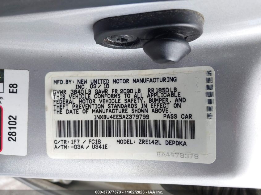 2010 Toyota Corolla Le VIN: 1NXBU4EE5AZ379799 Lot: 37977373