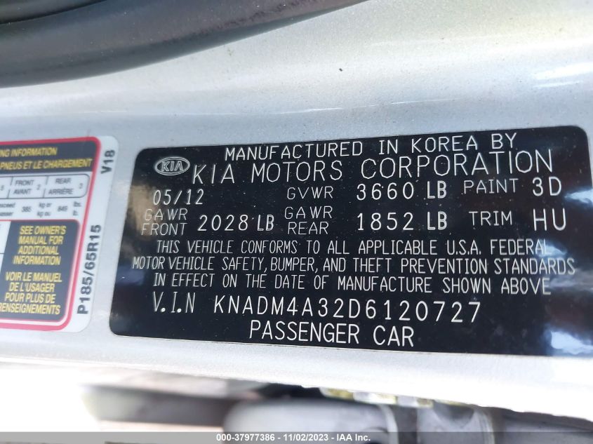 2013 Kia Rio Lx VIN: KNADM4A32D6120727 Lot: 37977386