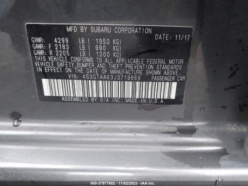 2018 Subaru Impreza VIN: 4S3GTAA63J3719869 Lot: 37977682