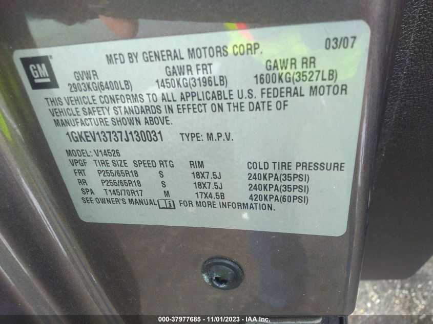 2007 GMC Acadia Sle VIN: 1GKEV13737J130031 Lot: 37977685