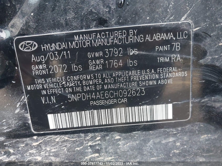 2012 Hyundai Elantra Limited VIN: 5NPDH4AE6CH092623 Lot: 37977743