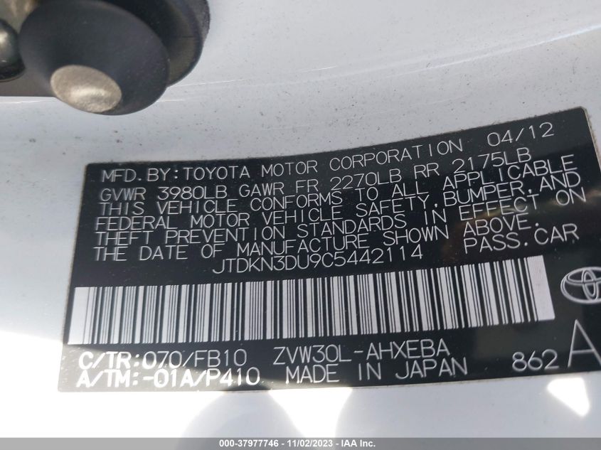 2012 Toyota Prius Three VIN: JTDKN3DU9C5442114 Lot: 37977746