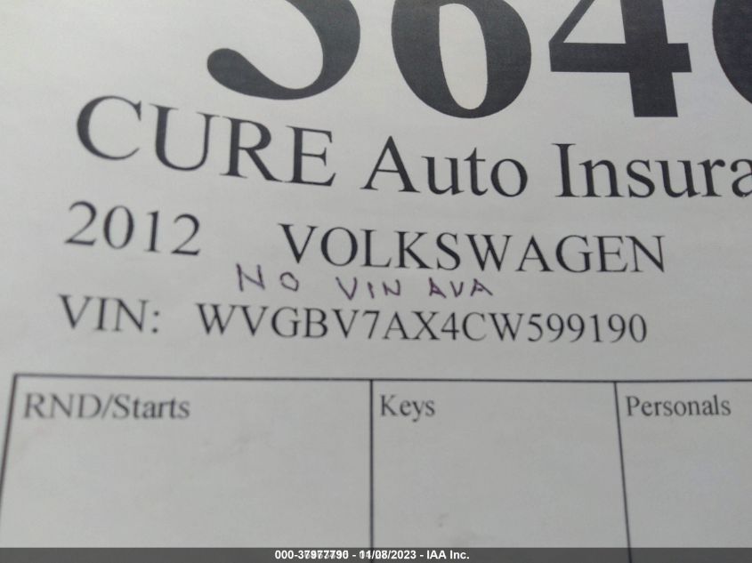 WVGBV7AX4CW599190 2012 Volkswagen Tiguan Sel