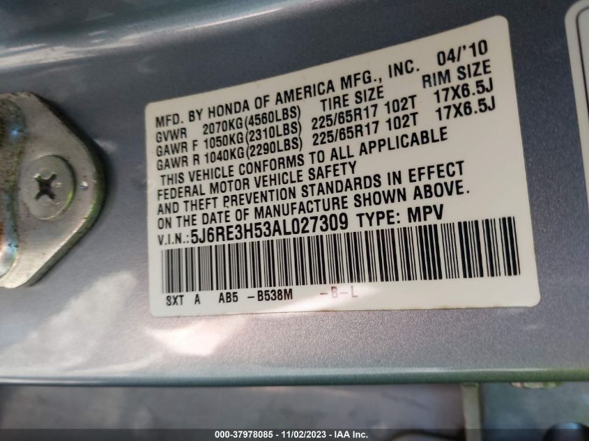 2010 Honda Cr-V Ex VIN: 5J6RE3H53AL027309 Lot: 37978085