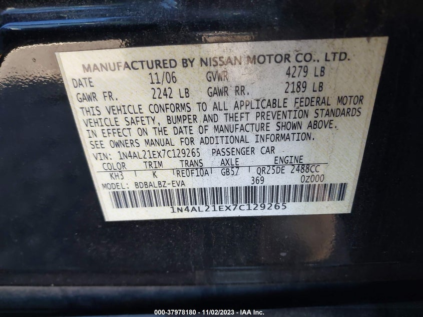 2007 Nissan Altima 2.5 S VIN: 1N4AL21EX7C129265 Lot: 37978180