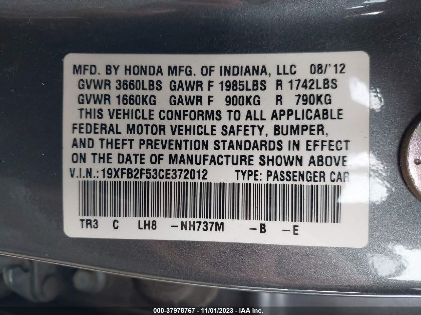 2012 Honda Civic Lx VIN: 19XFB2F53CE372012 Lot: 37978767