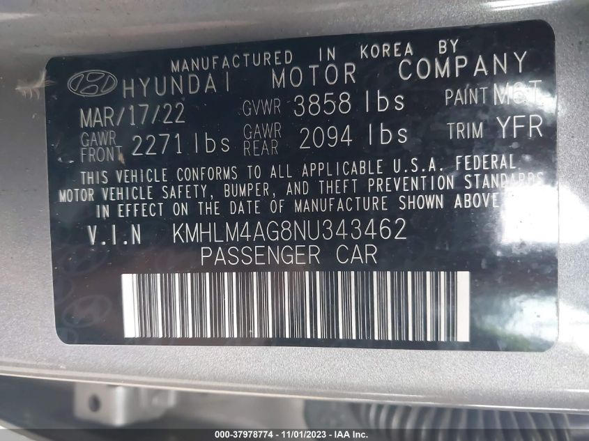 2022 Hyundai Elantra Sel VIN: KMHLM4AG8NU343462 Lot: 37978774