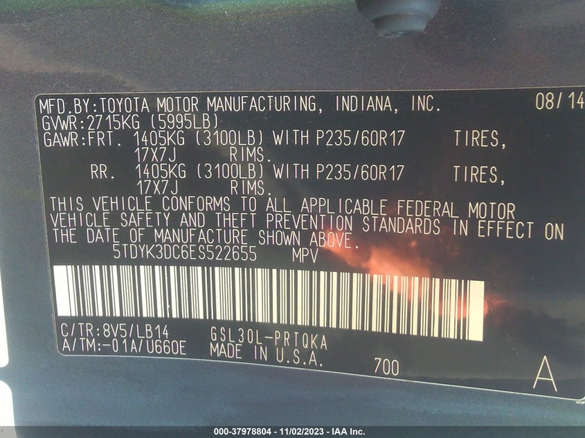 2014 Toyota Sienna Xle/Xle Aas/Ltd VIN: 5TDYK3DC6ES522655 Lot: 37978804