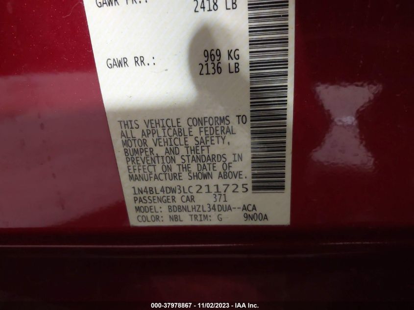 2020 Nissan Altima Sv Intelligent Awd VIN: 1N4BL4DW3LC211725 Lot: 37978867