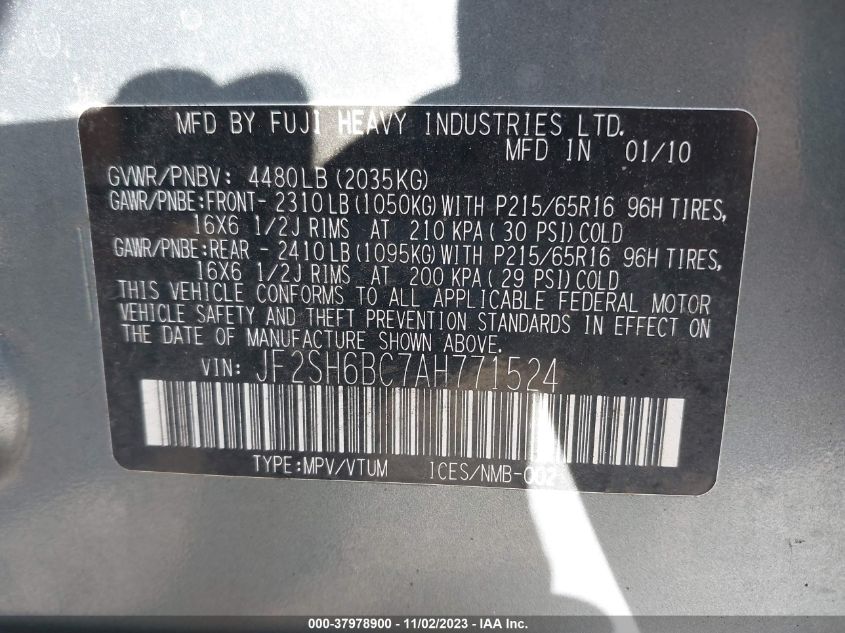 2010 Subaru Forester 2.5X VIN: JF2SH6BC7AH771524 Lot: 37978900