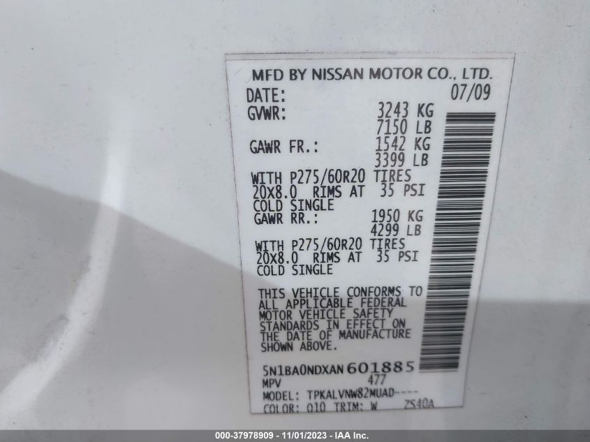 2010 Nissan Armada Titanium VIN: 5N1BA0NDXAN601885 Lot: 37978909