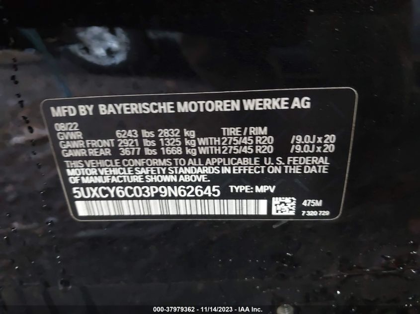 VIN 5UXCY6C03P9N62645 2023 BMW X6, Xdrive40I no.9