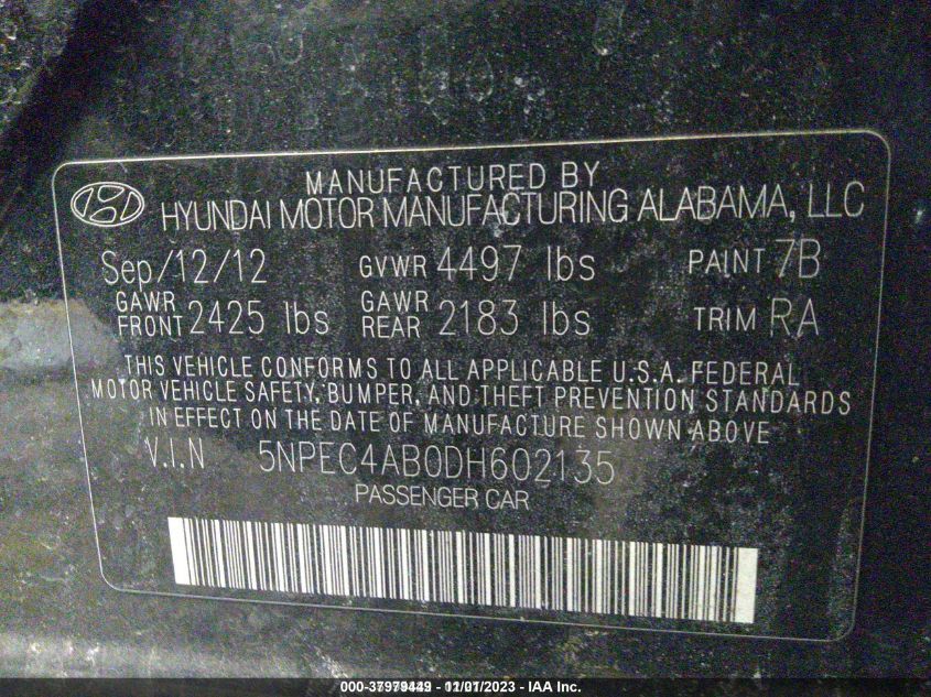 2013 Hyundai Sonata Limited VIN: 5NPEC4AB0DH602135 Lot: 37979449