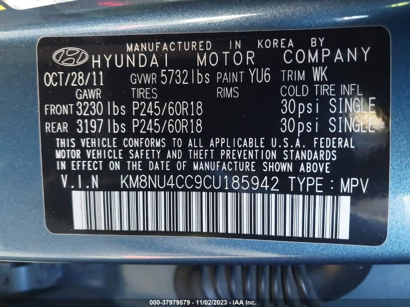 2012 Hyundai Veracruz Limited VIN: KM8NU4CC9CU185942 Lot: 37979579