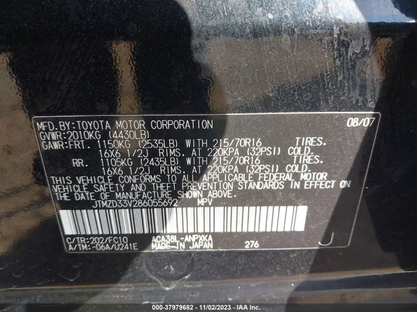 2008 Toyota Rav4 VIN: JTMZD33V286055692 Lot: 37979682