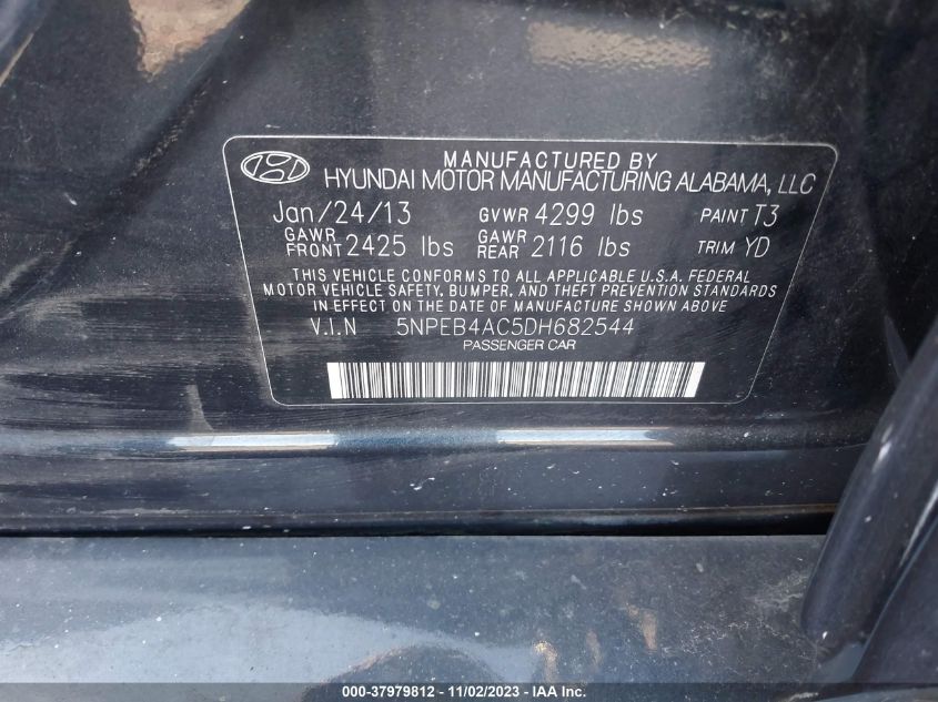 2013 Hyundai Sonata Gls VIN: 5NPEB4AC5DH682544 Lot: 37979812