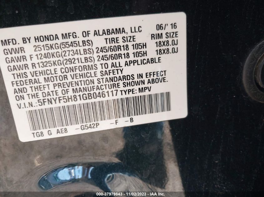 2016 Honda Pilot Ex-L VIN: 5FNYF5H81GB046117 Lot: 37979843