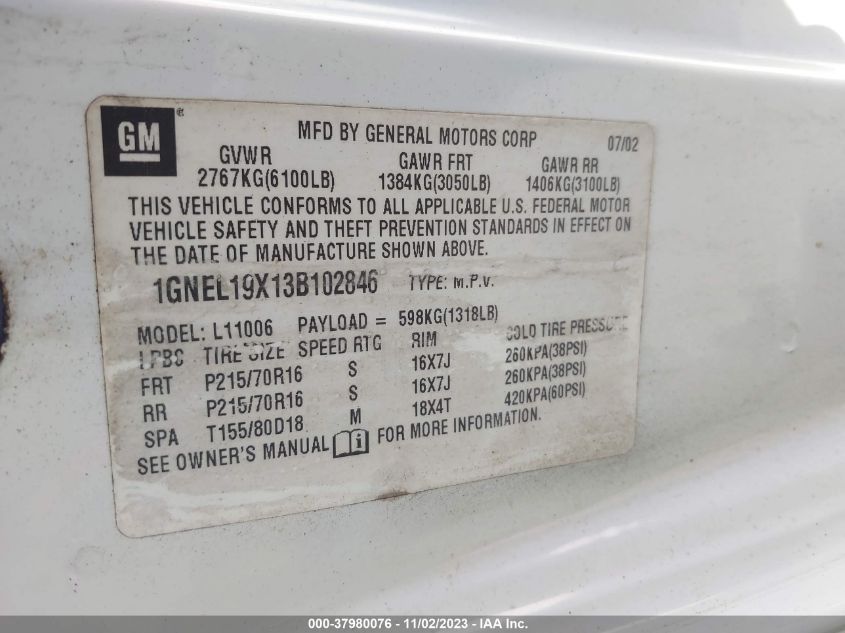 2003 Chevrolet Astro Passenger VIN: 1GNEL19X13B102846 Lot: 37980076