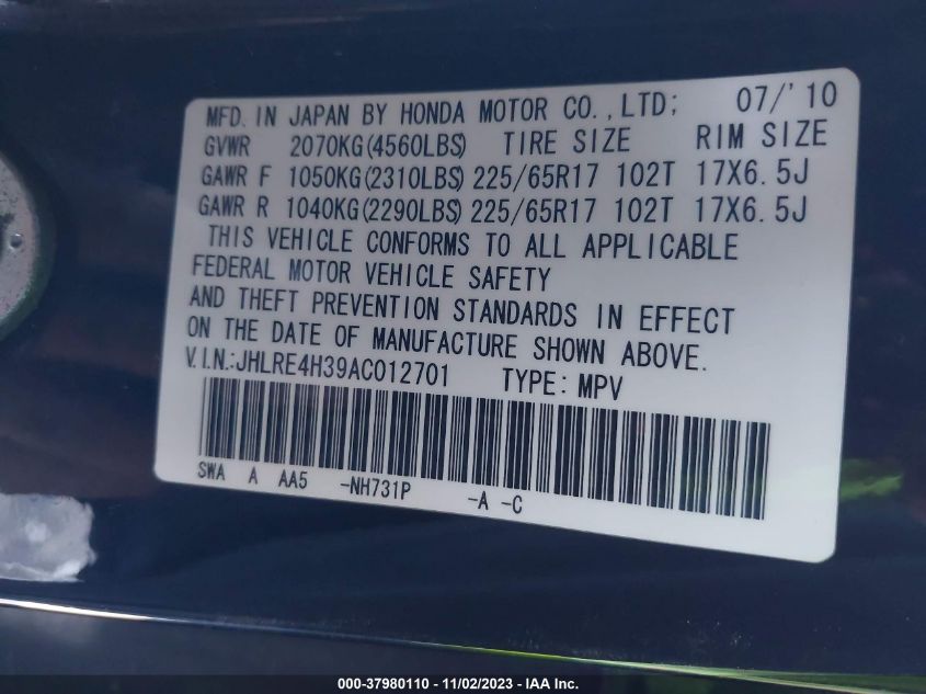 2010 Honda Cr-V Lx VIN: JHLRE4H39AC012701 Lot: 37980110