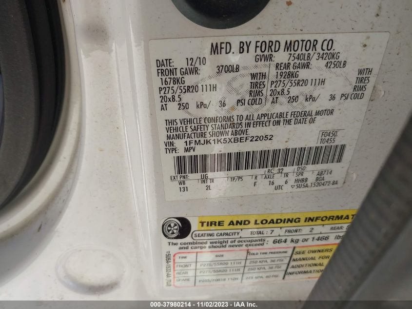 2011 Ford Expedition El Limited VIN: 1FMJK1K5XBEF22052 Lot: 37980214