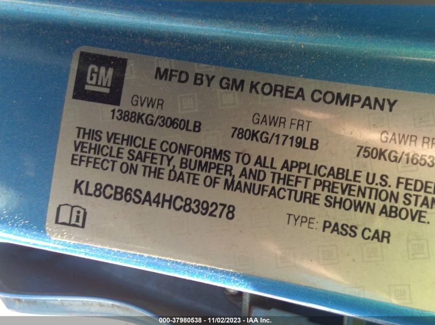 2017 Chevrolet Spark Ls Cvt VIN: KL8CB6SA4HC839278 Lot: 37980538