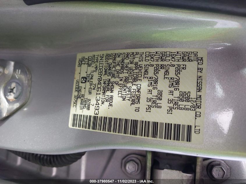 2004 Nissan Xterra Xe VIN: 5N1ED28Y04C613493 Lot: 37980547