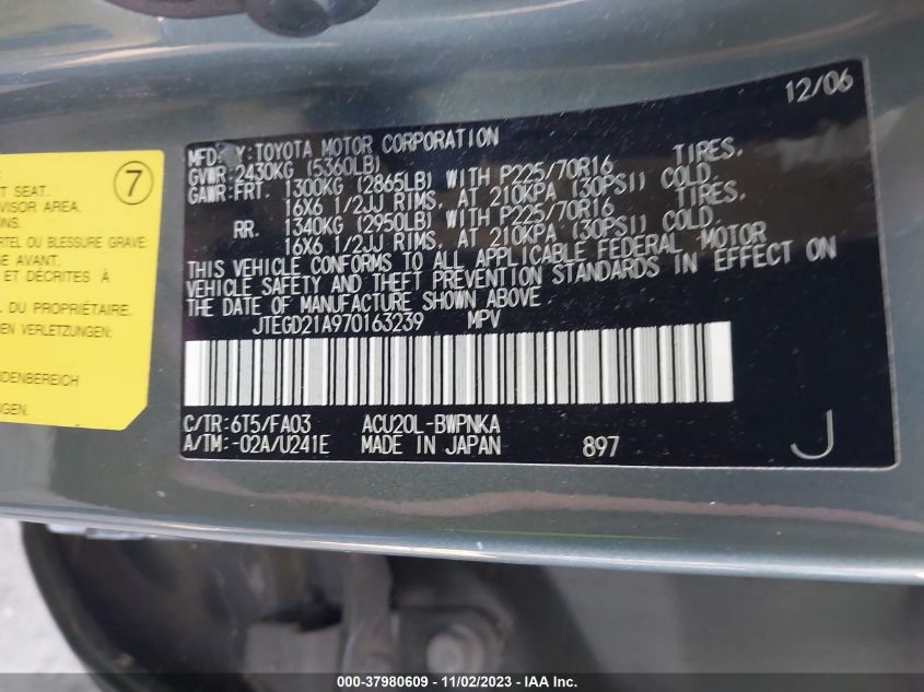 2007 Toyota Highlander VIN: JTEGD21A970163239 Lot: 37980609